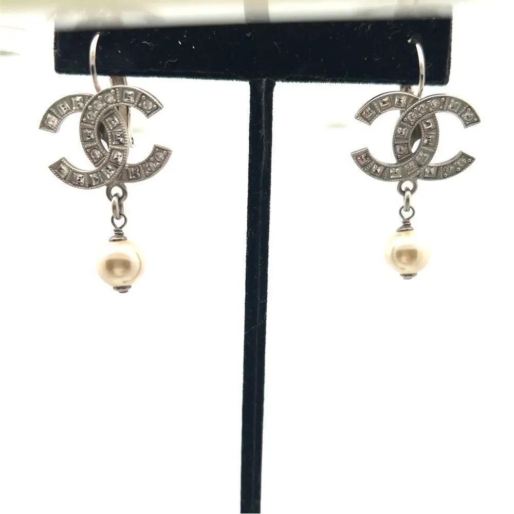 Chanel Chanel CC Faux Pearl & Crystal Silver Tone Drop Earrings